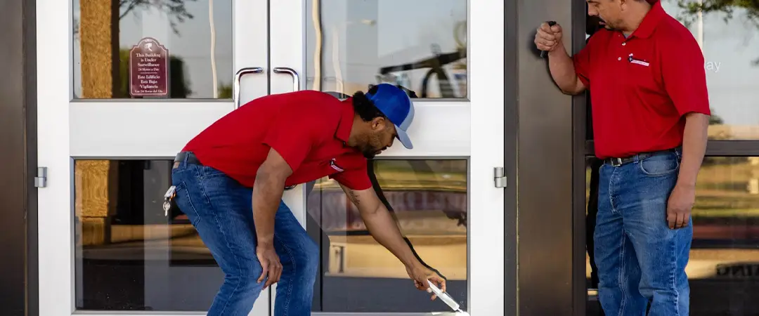 Pest control technicians treating a commercial entrance