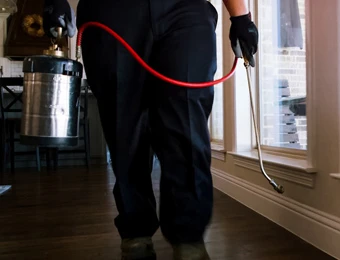 Pest control technician spraying inside a home