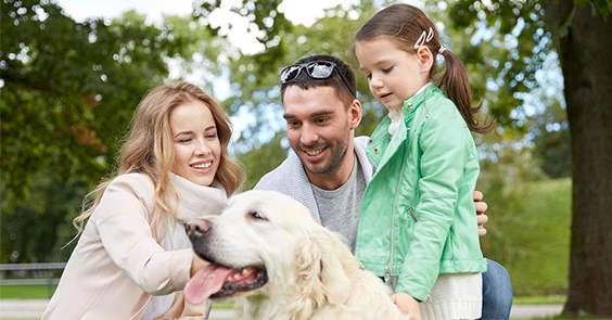 Family spending time with their dog outdoors